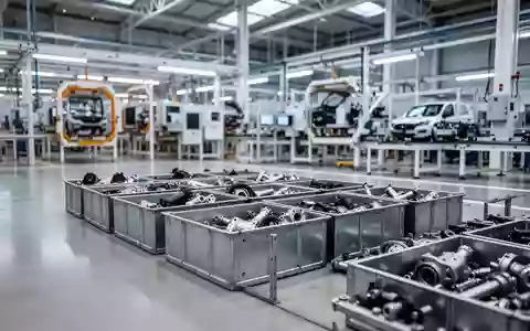 Moderne Fabrikhalle eines Automobilherstellers mit Metallbehältern voller Bauteile auf dem Boden. - Foto: über boerse-global.de