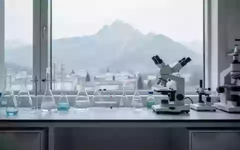 Ein minimalistisches, helles Forschungslabor mit wissenschaftlicher Glasausrüstung und Blick auf die Salzburger Berge. - Foto: über boerse-global.de