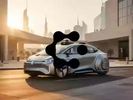 Futuristisches autonomes Fahrzeug in einer modernen, sonnendurchfluteten Architekturlandschaft in Abu Dhabi. - Foto: über boerse-global.de