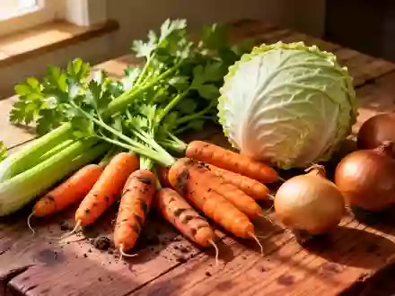 Frische Zutaten wie Sellerie, Karotten, Weißkohl und Zwiebeln auf einem rustikalen Holztisch bei natürlichem Licht. - Foto: über boerse-global.de