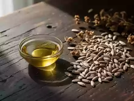 Eine Nahaufnahme von goldenem Öl in einer Glasschale neben verschiedenen Samen und natürlichen botanischen Elementen. - Foto: über boerse-global.de
