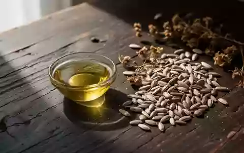 Eine Nahaufnahme von goldenem Öl in einer Glasschale neben verschiedenen Samen und natürlichen botanischen Elementen. - Foto: über boerse-global.de