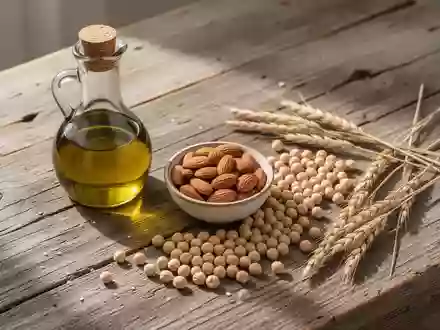 Arrangement aus Olivenöl, Mandeln, Kichererbsen und Vollkorn auf einem Holztisch als Symbol für mediterrane Ernährung. - Foto: über boerse-global.de
