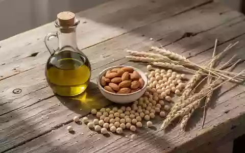 Arrangement aus Olivenöl, Mandeln, Kichererbsen und Vollkorn auf einem Holztisch als Symbol für mediterrane Ernährung. - Foto: über boerse-global.de