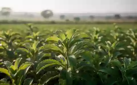 Nahaufnahme von grünen Stevia-Pflanzen auf einem Feld bei natürlichem Tageslicht. - Foto: über boerse-global.de