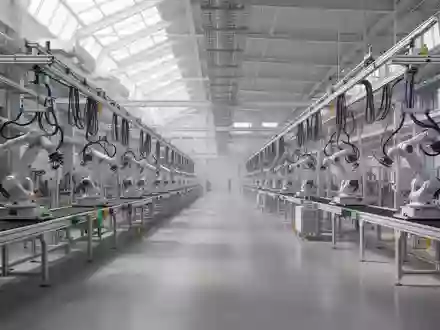 Weitläufige, moderne Industriehalle mit leeren Fertigungslinien und hochmodernen Roboterarmen unter einer hohen Decke. - Foto: über boerse-global.de
