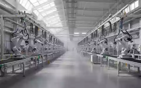 Weitläufige, moderne Industriehalle mit leeren Fertigungslinien und hochmodernen Roboterarmen unter einer hohen Decke. - Foto: über boerse-global.de