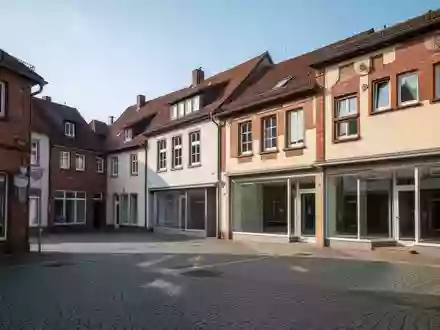 Eine ruhige Straßenkreuzung mit historischer Architektur und leeren Ladenlokalen in einem deutschen Ortskern. - Foto: über boerse-global.de