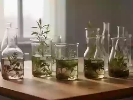 Glasbecher mit pflanzlichen Extrakten in einer hellen, minimalistischen Laborumgebung - Foto: über boerse-global.de