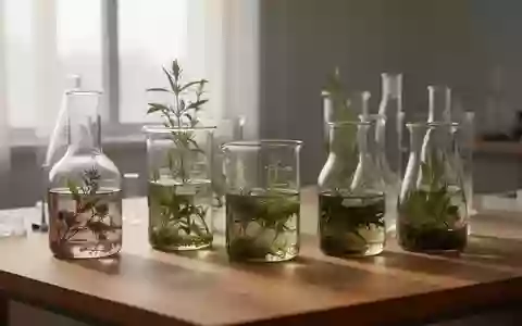 Glasbecher mit pflanzlichen Extrakten in einer hellen, minimalistischen Laborumgebung - Foto: über boerse-global.de