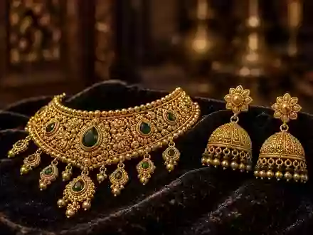 Nahaufnahme von kunstvollem Goldschmuck auf dunklem Samt in einem traditionellen indischen Geschäft. - Foto: über boerse-global.de