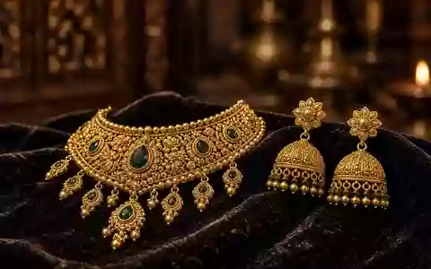 Nahaufnahme von kunstvollem Goldschmuck auf dunklem Samt in einem traditionellen indischen Geschäft. - Foto: über boerse-global.de