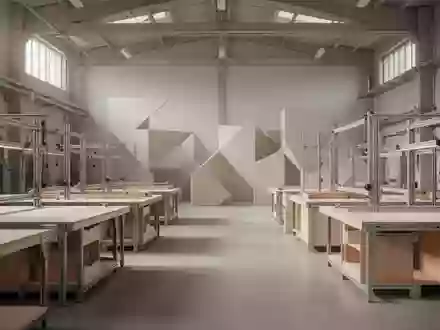 Ein minimalistischer, leerer Arbeitsraum mit modularen Werkbänken und neutraler Beleuchtung zur Veranschaulichung ergonomischer Gestaltung. - Foto: über boerse-global.de