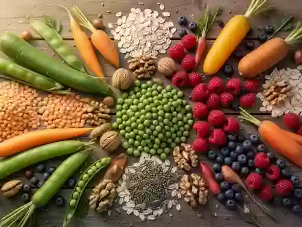 Eine Auswahl aus verschiedenen frischen Gemüsesorten, Hülsenfrüchten, Beeren und Nüssen auf einer rustikalen Holzoberfläche. - Foto: über boerse-global.de