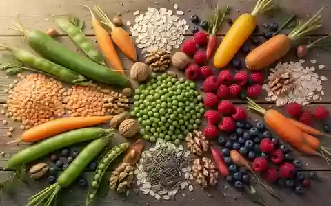 Eine Auswahl aus verschiedenen frischen Gemüsesorten, Hülsenfrüchten, Beeren und Nüssen auf einer rustikalen Holzoberfläche. - Foto: über boerse-global.de