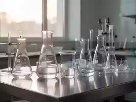 Moderne wissenschaftliche Laborausstattung aus Glas auf einem Edelstahltisch in hellem, natürlichem Licht. - Foto: über boerse-global.de