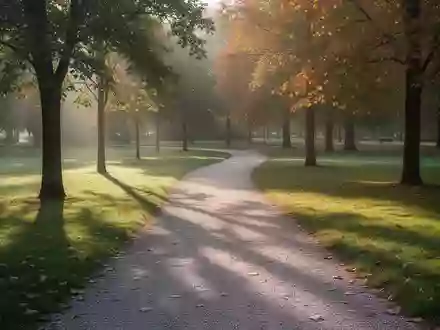 Ein sonniger, leerer Spazierweg in einem Park, der durch eine herbstliche Naturlandschaft führt. - Foto: über boerse-global.de