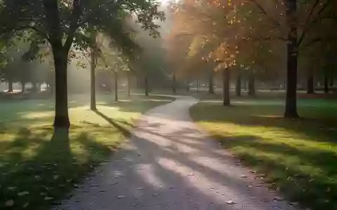 Ein sonniger, leerer Spazierweg in einem Park, der durch eine herbstliche Naturlandschaft führt. - Foto: über boerse-global.de