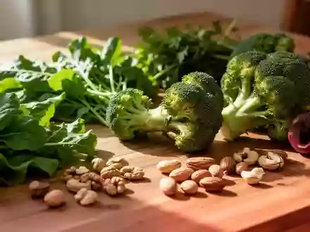 Frisches, rohes Gemüse wie grüner Salat, Brokkoli und Nüsse auf einem Holztisch bei natürlichem Licht. - Foto: über boerse-global.de