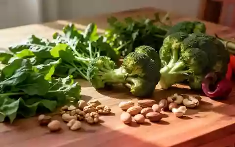 Frisches, rohes Gemüse wie grüner Salat, Brokkoli und Nüsse auf einem Holztisch bei natürlichem Licht. - Foto: über boerse-global.de