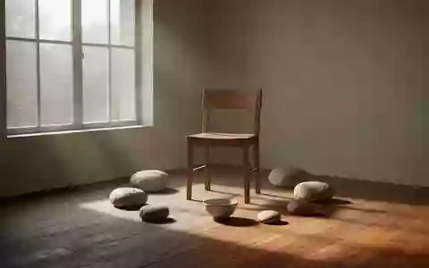 Ein ruhiger, minimalistischer Raum mit natürlichem Licht, einem leeren Holzstuhl und glatten Steinen auf dem Boden. - Foto: über boerse-global.de