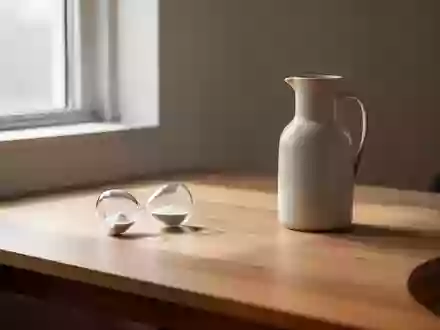 Ein minimalistischer, aufgeräumter Schreibtisch mit einer Sanduhr und einer Wasserkaraffe bei natürlichem Tageslicht. - Foto: über boerse-global.de