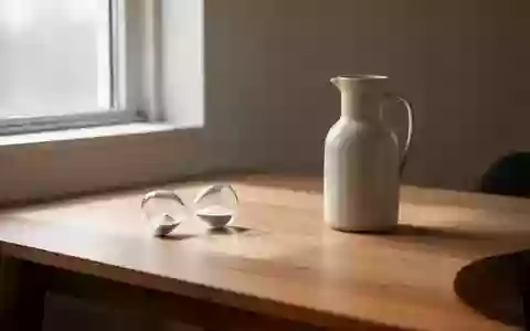 Ein minimalistischer, aufgeräumter Schreibtisch mit einer Sanduhr und einer Wasserkaraffe bei natürlichem Tageslicht. - Foto: über boerse-global.de