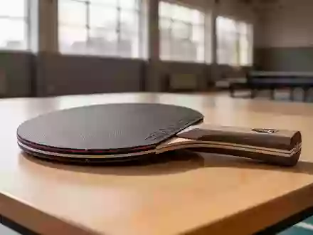 Ein Tischtennisschläger liegt auf einem Holztisch in einer hellen Sporthalle. - Foto: über boerse-global.de