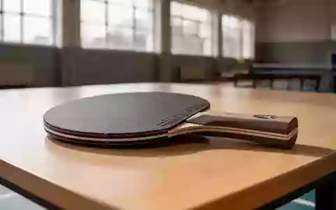 Ein Tischtennisschläger liegt auf einem Holztisch in einer hellen Sporthalle. - Foto: über boerse-global.de