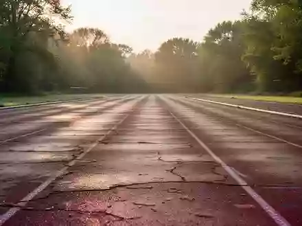 Eine leere, leicht abgenutzte Laufbahn in einer ruhigen Parkumgebung im morgendlichen Licht. - Foto: über boerse-global.de