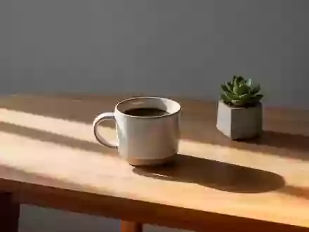 Ein minimalistischer, aufgeräumter Schreibtisch mit einer Kaffeetasse und einer kleinen Pflanze in natürlichem Licht. - Foto: über boerse-global.de