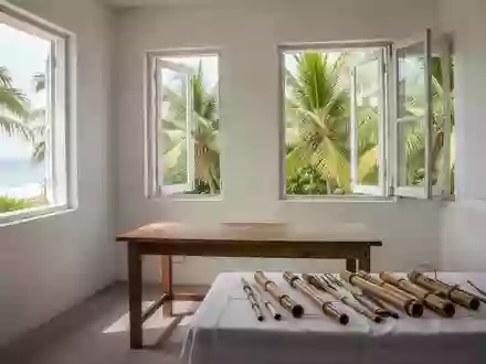 Ein heller, minimalistischer Behandlungsraum in einer tropischen Region mit Blick auf Palmen und traditionellen medizinischen Utensilien. - Foto: über boerse-global.de