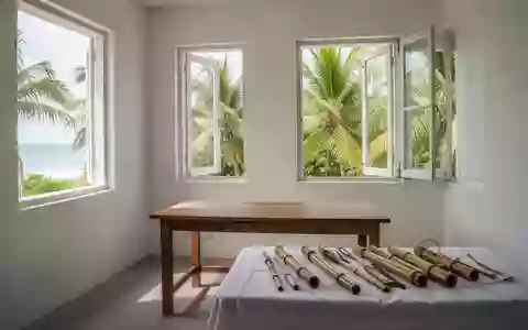 Ein heller, minimalistischer Behandlungsraum in einer tropischen Region mit Blick auf Palmen und traditionellen medizinischen Utensilien. - Foto: über boerse-global.de