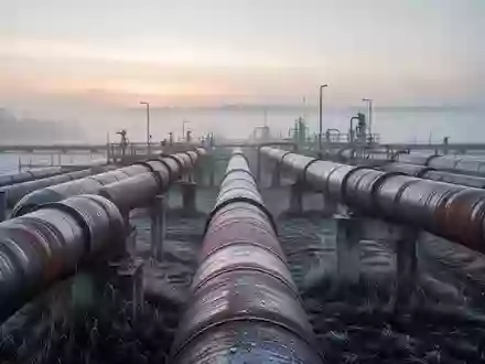 Industrielle Erdgaspipeline in einer frostigen, nebligen Landschaft bei Sonnenaufgang. - Foto: über boerse-global.de