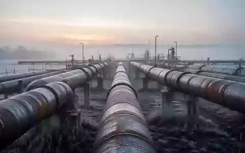 Industrielle Erdgaspipeline in einer frostigen, nebligen Landschaft bei Sonnenaufgang. - Foto: über boerse-global.de