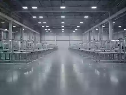 Eine leere, sterile Industriehalle mit poliertem Betonboden und industrieller Beleuchtung, die die Weite einer Fertigungsanlage zeigt. - Foto: über boerse-global.de