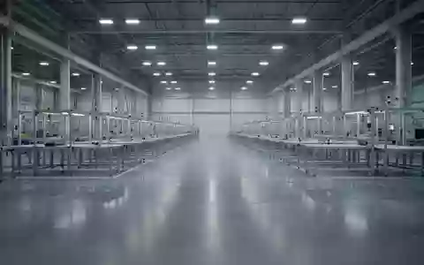 Eine leere, sterile Industriehalle mit poliertem Betonboden und industrieller Beleuchtung, die die Weite einer Fertigungsanlage zeigt. - Foto: über boerse-global.de
