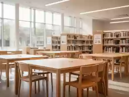 Heller, moderner Innenraum einer Stadtbibliothek mit hölzernen Tischen und Regalen in einer einladenden Lernumgebung. - Foto: über boerse-global.de