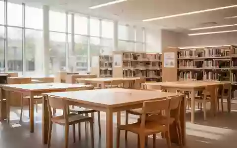 Heller, moderner Innenraum einer Stadtbibliothek mit hölzernen Tischen und Regalen in einer einladenden Lernumgebung. - Foto: über boerse-global.de