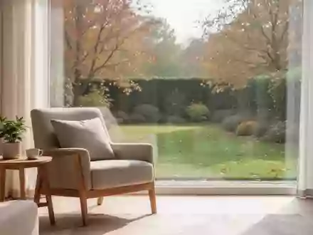 Ein sonnendurchflutetes Wohnzimmer mit einem bequemen Sessel und Blick in einen ruhigen Garten. - Foto: über boerse-global.de