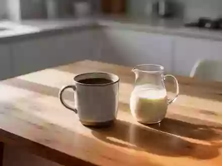 Eine Tasse schwarzer Kaffee und ein kleines Kännchen mit Kaffeeweißer auf einem Holztisch in einer hellen Küche. - Foto: über boerse-global.de