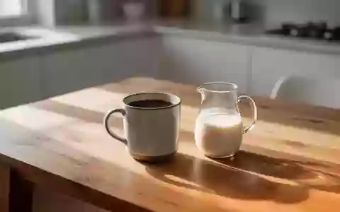 Eine Tasse schwarzer Kaffee und ein kleines Kännchen mit Kaffeeweißer auf einem Holztisch in einer hellen Küche. - Foto: über boerse-global.de