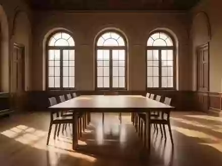 Ein leerer, minimalistischer Besprechungstisch in einem lichtdurchfluteten Raum mit hohen Decken und traditioneller Architektur. - Foto: über boerse-global.de