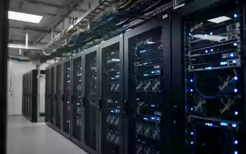 Ein moderner Serverraum mit Reihen von dunklen Serverschränken und blauen Statusleuchten in einer industriellen Umgebung. - Foto: über boerse-global.de
