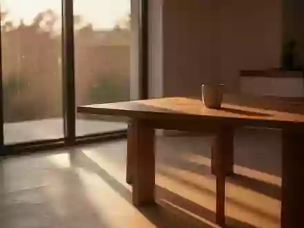 Ein minimalistischer, sonnendurchfluteter Raum mit einem Holztisch und einer leeren Tasse im Abendlicht. - Foto: über boerse-global.de