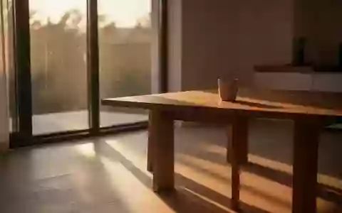 Ein minimalistischer, sonnendurchfluteter Raum mit einem Holztisch und einer leeren Tasse im Abendlicht. - Foto: über boerse-global.de