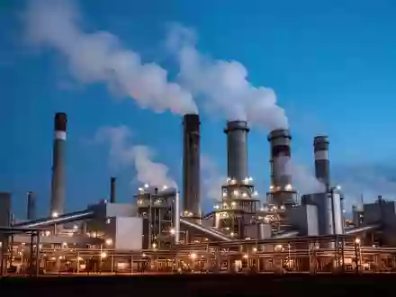 Industrieanlage mit Schornsteinen bei Dämmerung als Symbol für den europäischen Emissionshandel. - Foto: über boerse-global.de