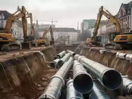 Baustelle für den Ausbau eines Fernwärmenetzes in einer städtischen Umgebung mit freiliegenden Rohren und Erdaushub. - Foto: über boerse-global.de