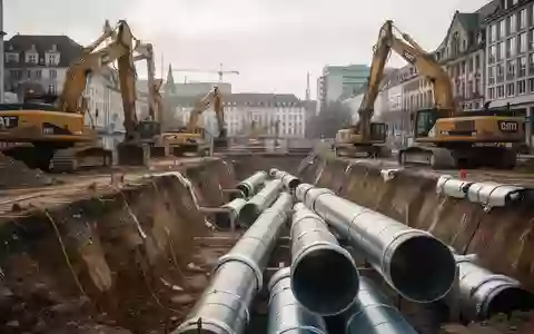 Baustelle für den Ausbau eines Fernwärmenetzes in einer städtischen Umgebung mit freiliegenden Rohren und Erdaushub. - Foto: über boerse-global.de