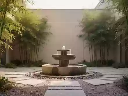 Ein minimalistischer Innenhof eines Krankenhauses mit einem Steinbrunnen, Kieselwegen und Bambuspflanzen in natürlichem Licht. - Foto: über boerse-global.de